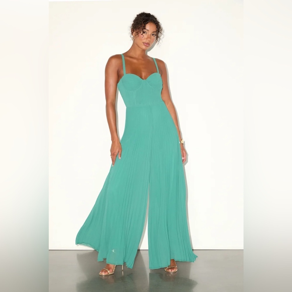 Lulus Exemplary Poise Green Pleated Wide-Leg Jumpsuit